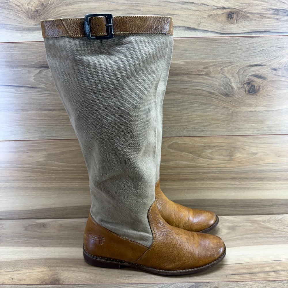 Frye Paige Tall Canvas Riding Boots 8.5 Burlap Buckle Leather Cognac Tan